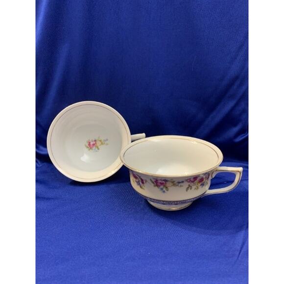 Pair of Gold Castle Teacups Rose and Blue Flower Pattern - Picture 8 of 10